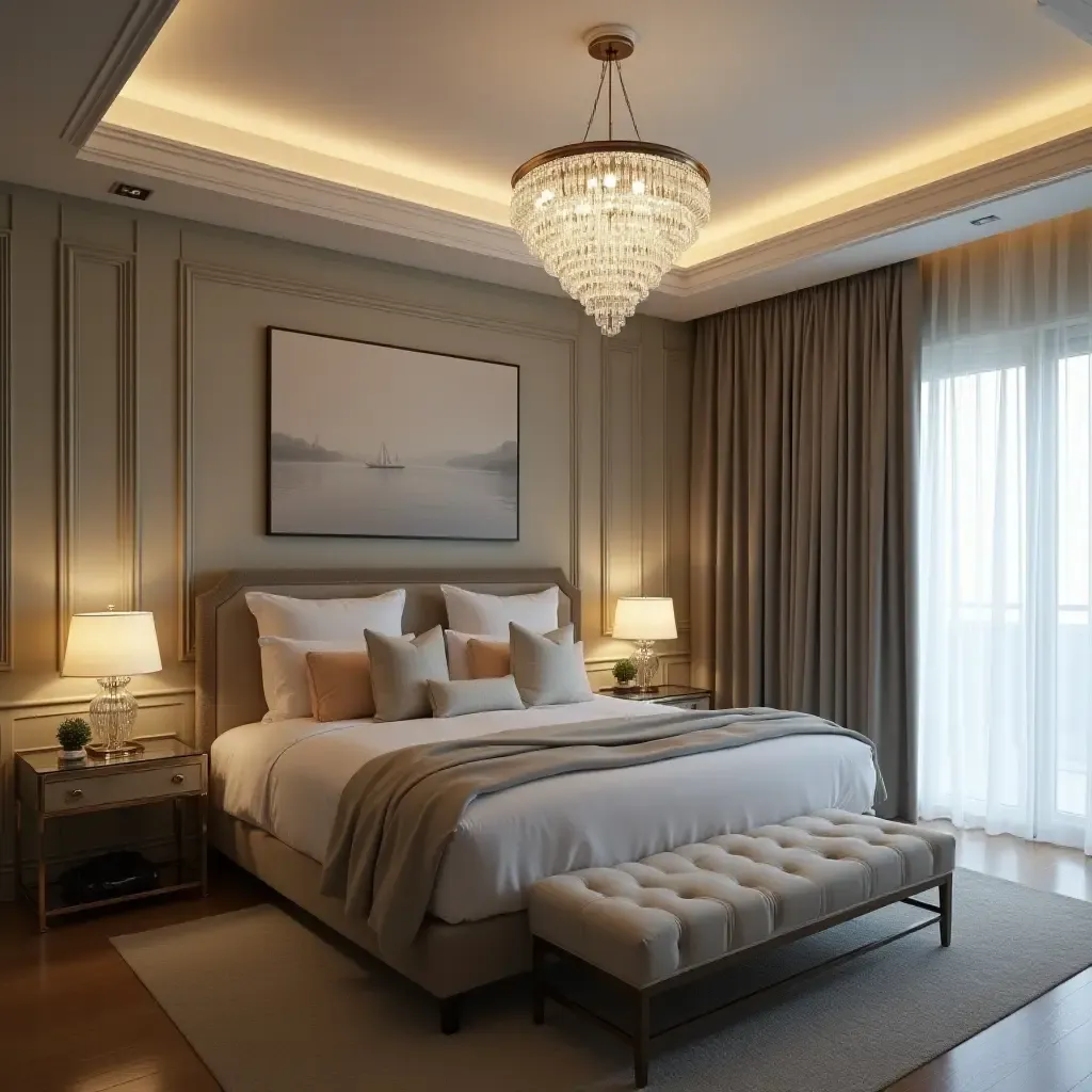 a photo of a luxurious bedroom featuring crystal pendant lights for elegance