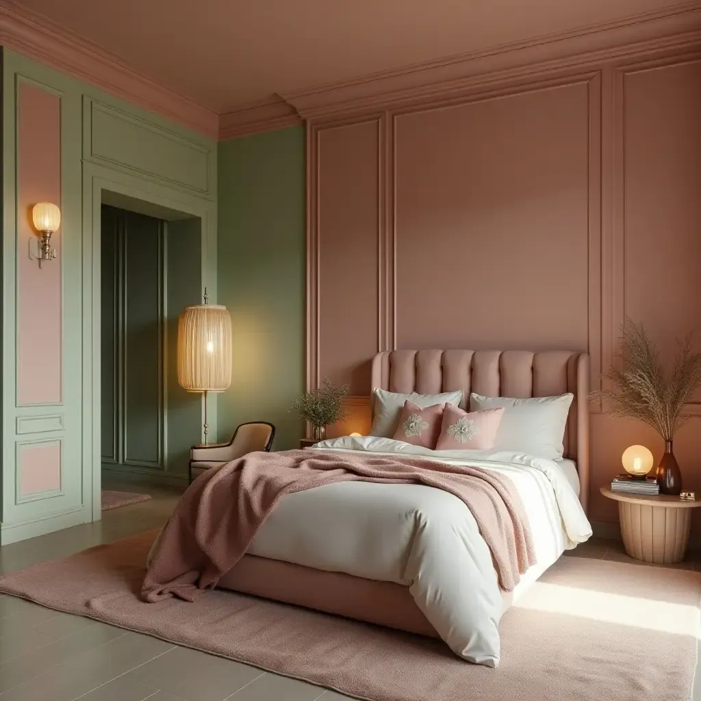 a photo of a luxurious bedroom with dusty pink and green lighting