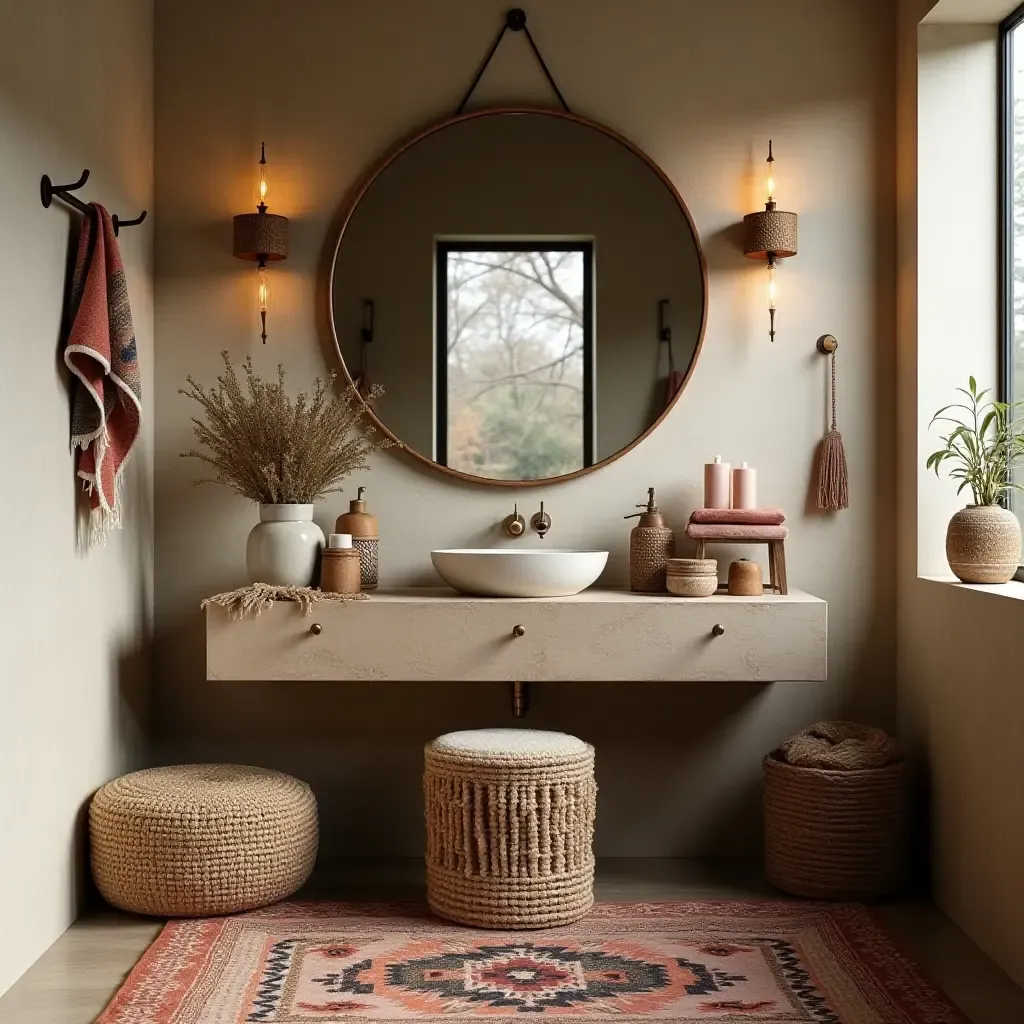 a photo of a bohemian-style vanity with eclectic decor and layered textiles