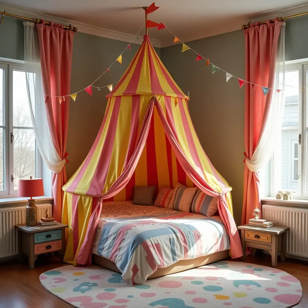 a photo of a whimsical circus-themed bedroom with colorful tents