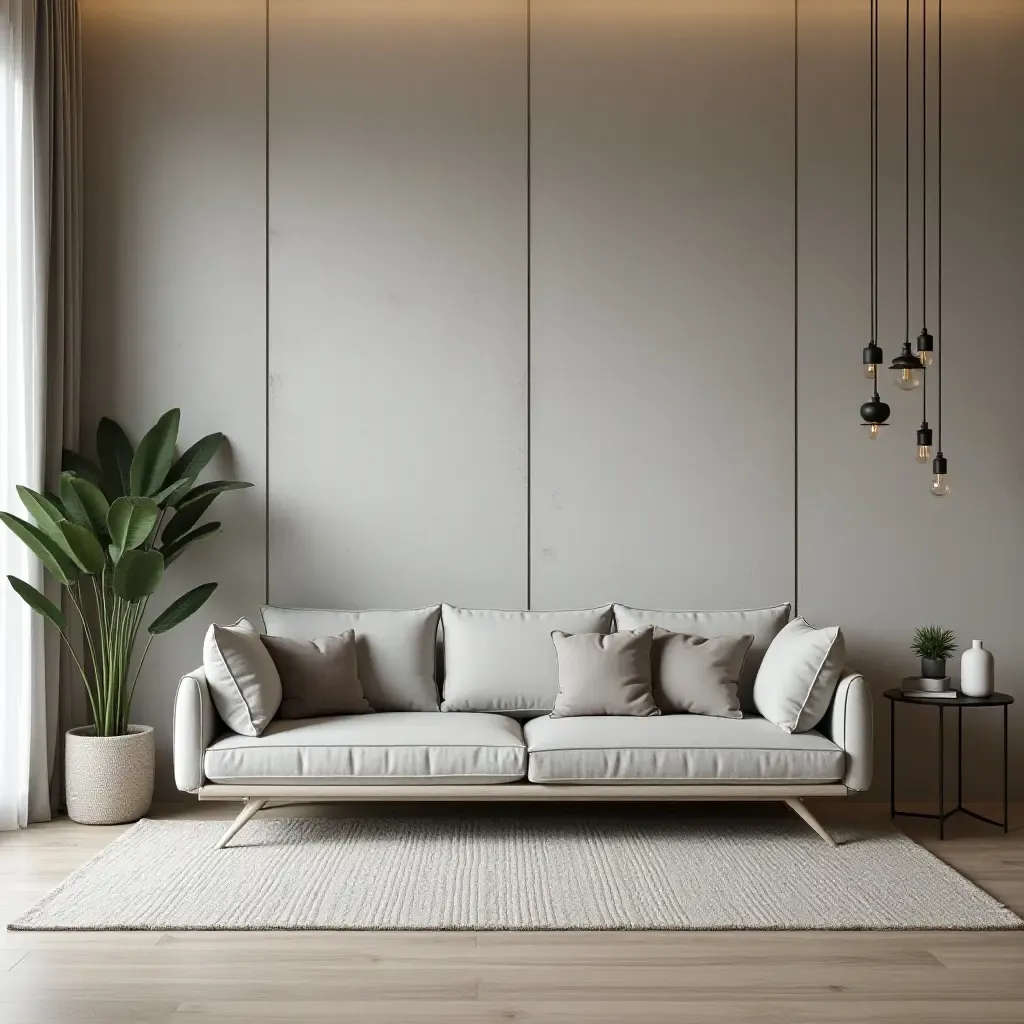 a photo of a minimalist living room with a textured concrete accent wall