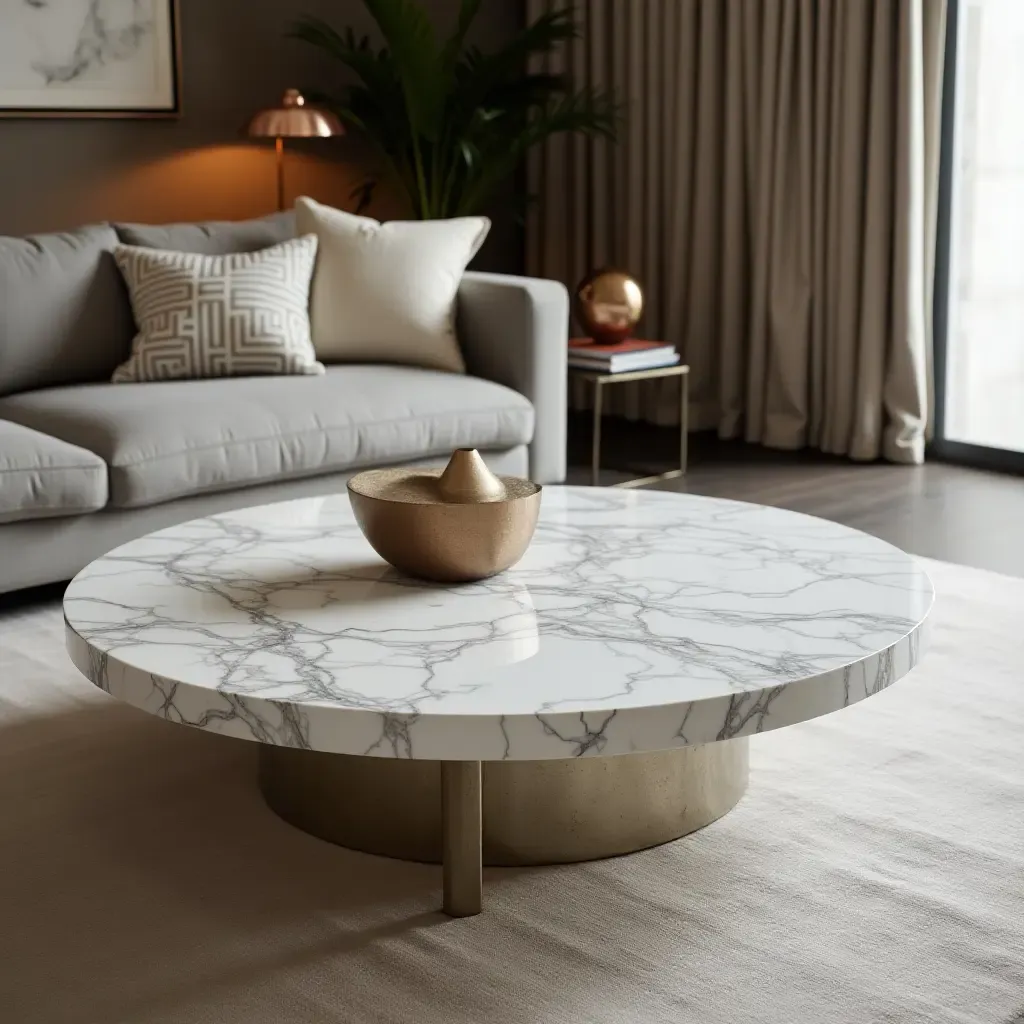 a photo of a luxurious marble coffee table in a modern living room setting