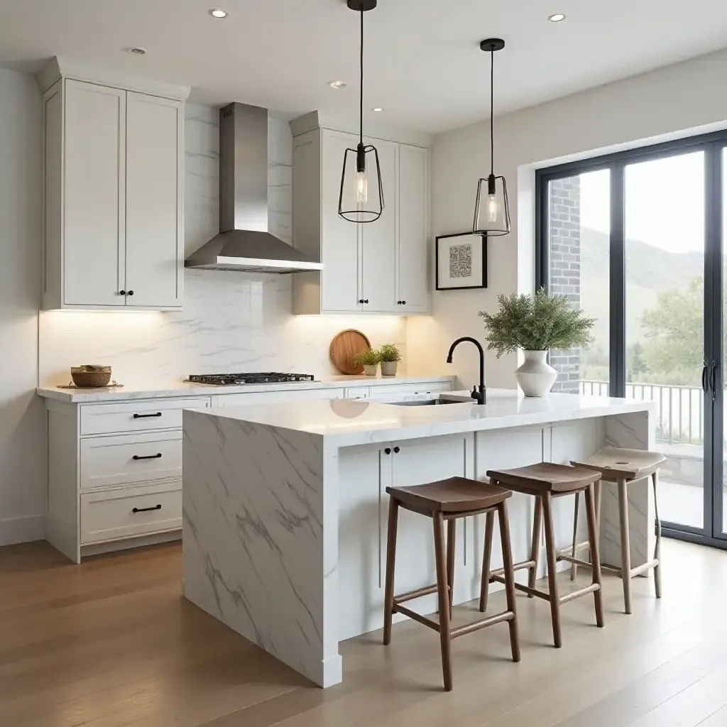 a photo of chic kitchen decor featuring marble countertops and stylish bar stools