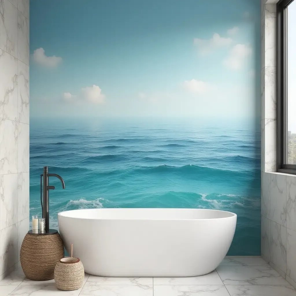 a photo of a serene ocean landscape mural in a small bathroom