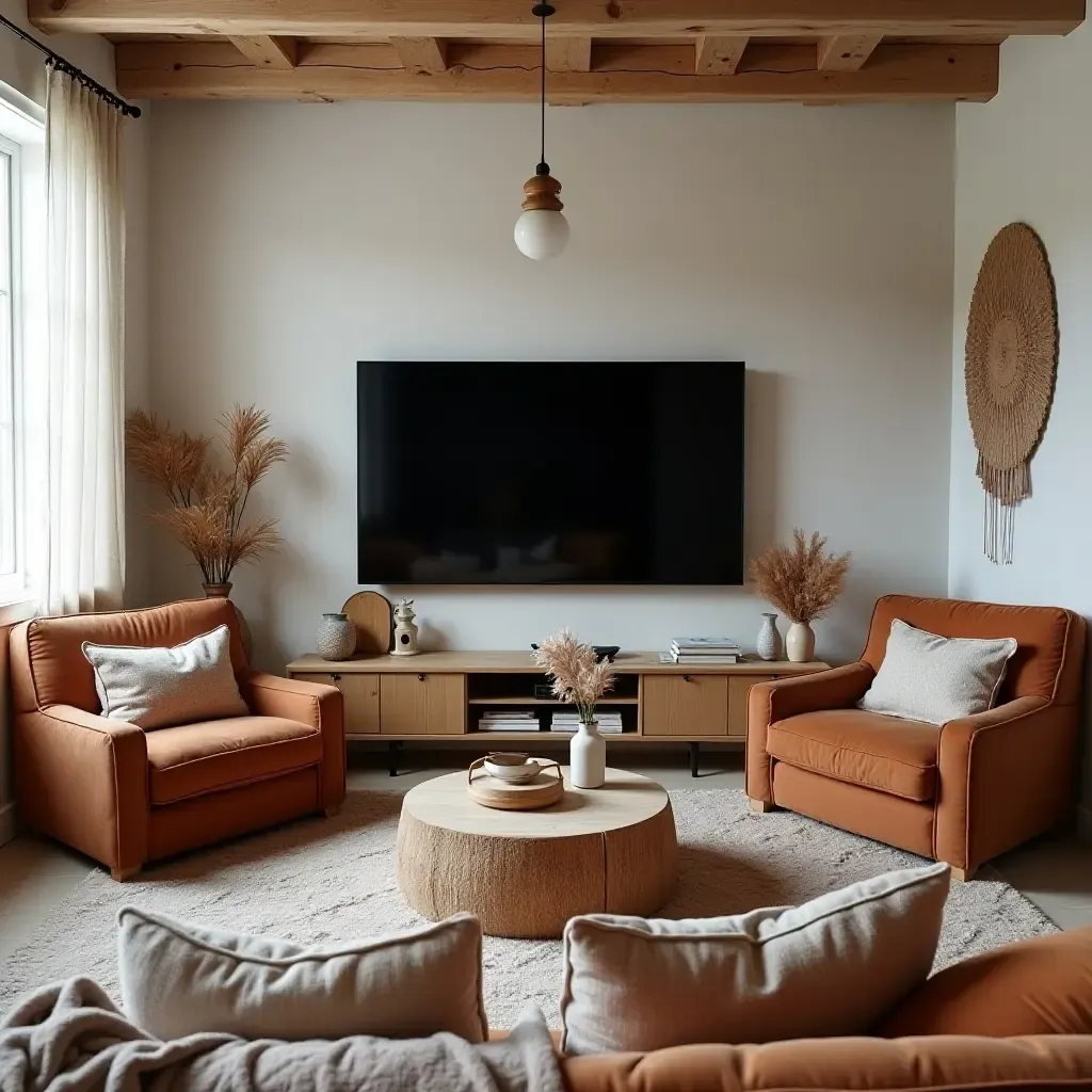 a photo of a bohemian-style TV room with eclectic decor and cozy textiles