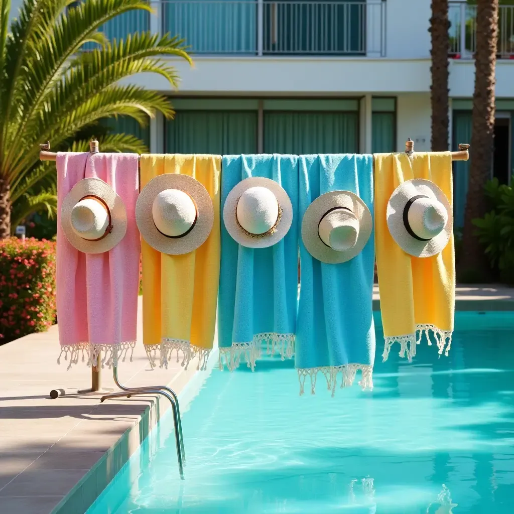 a photo of a pool area decorated with colorful beach towels and sun hats