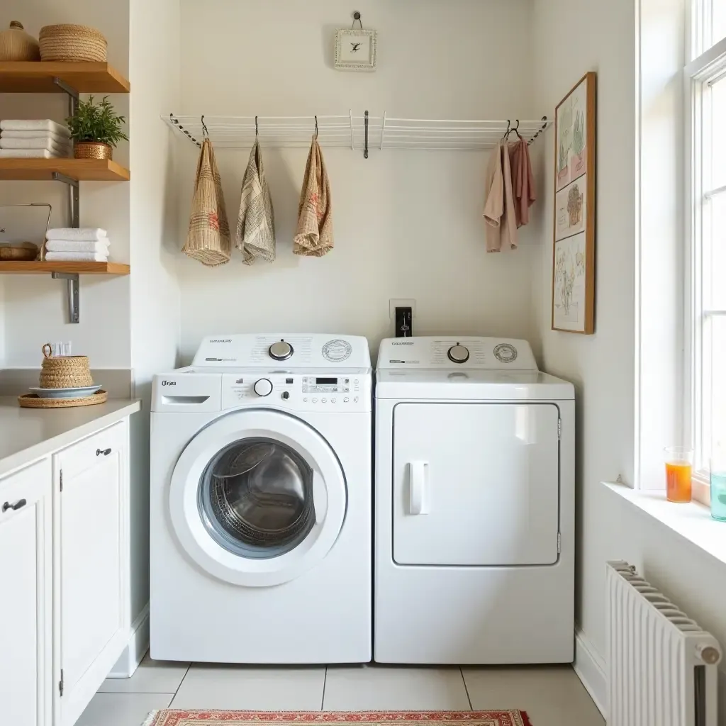 a photo of a laundry room with wall-mounted drying racks and colorful decor