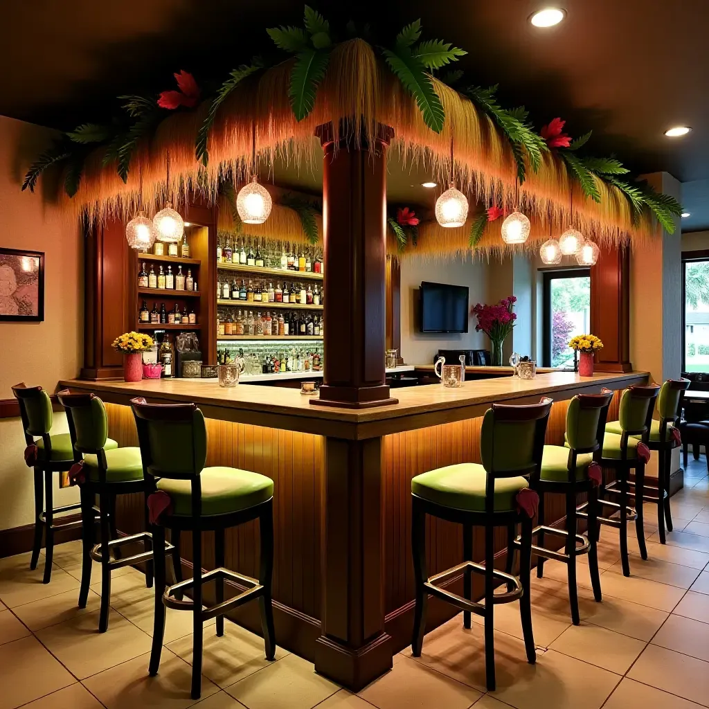 a photo of a basement bar with a tropical theme and colorful decor