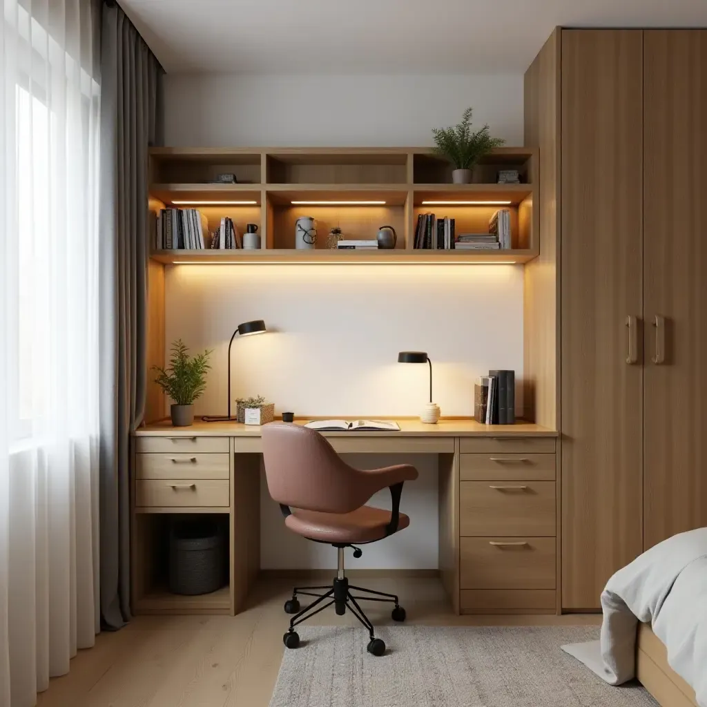 a photo of a wooden wall-mounted desk in a teen&#x27;s bedroom