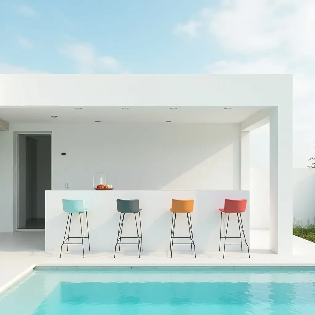 a photo of a minimalist white bar with colorful bar stools by the pool