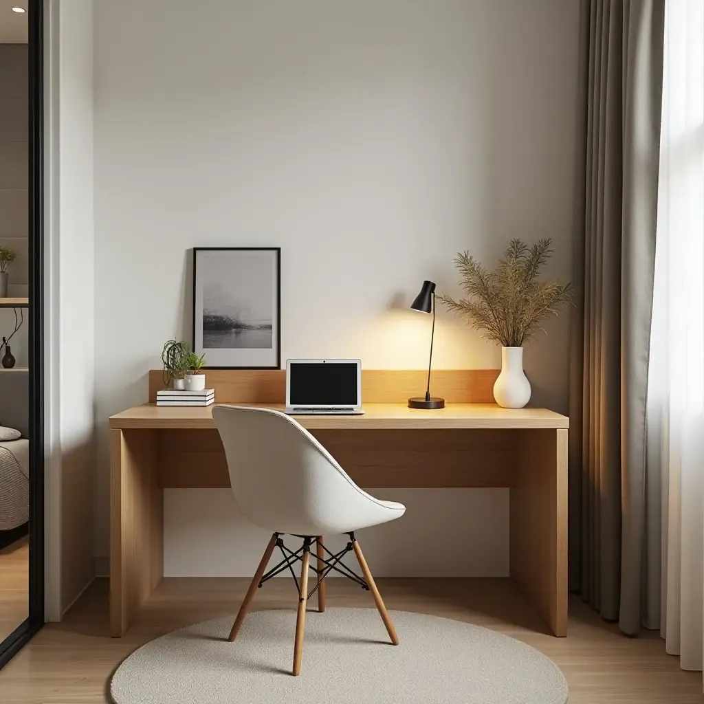 a photo of a wooden desk in a bedroom workspace