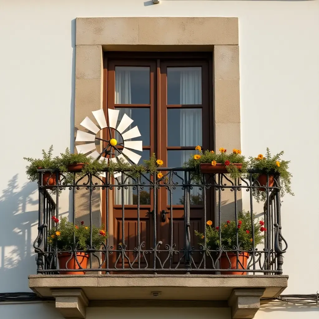 a photo of a balcony featuring a whimsical windmill decoration