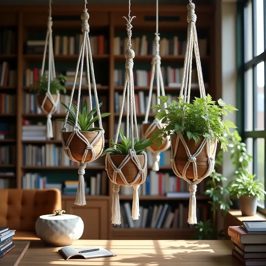 a photo of a whimsical library with hanging macrame planters