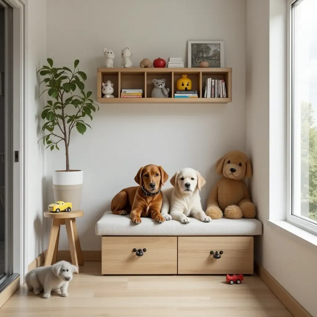 a photo of a balcony shelf designed for a pet-friendly space with toys