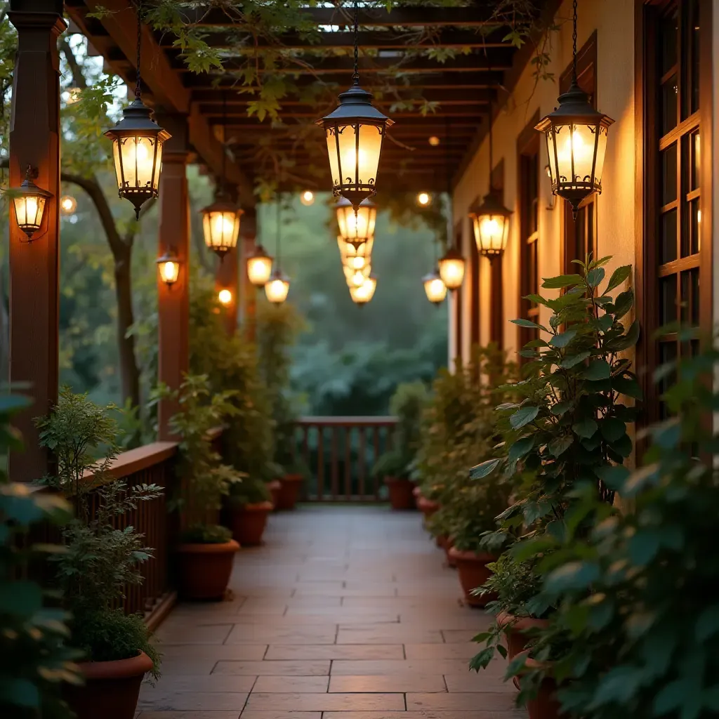 a photo of a balcony decorated with vintage lanterns and lush greenery