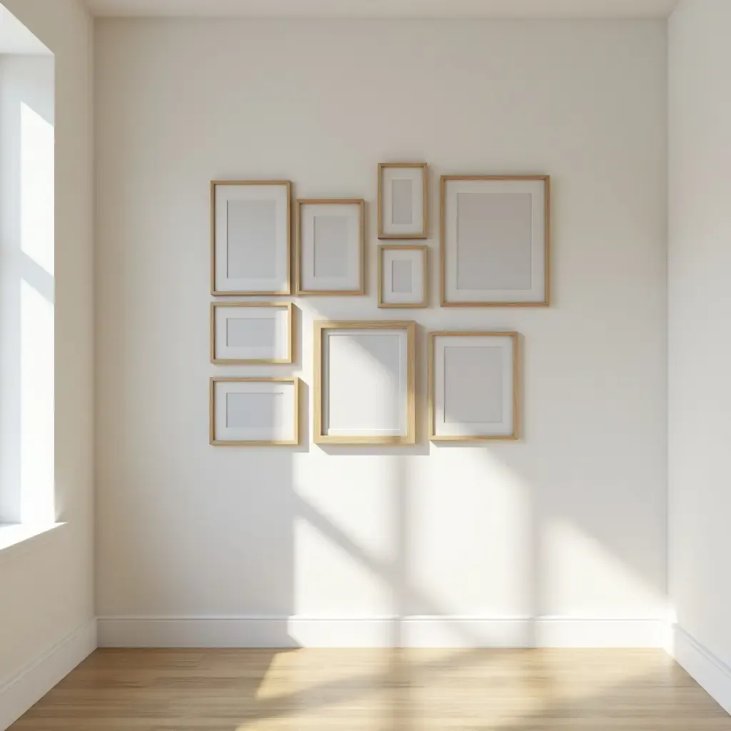 a photo of a wooden picture frame gallery in the hallway