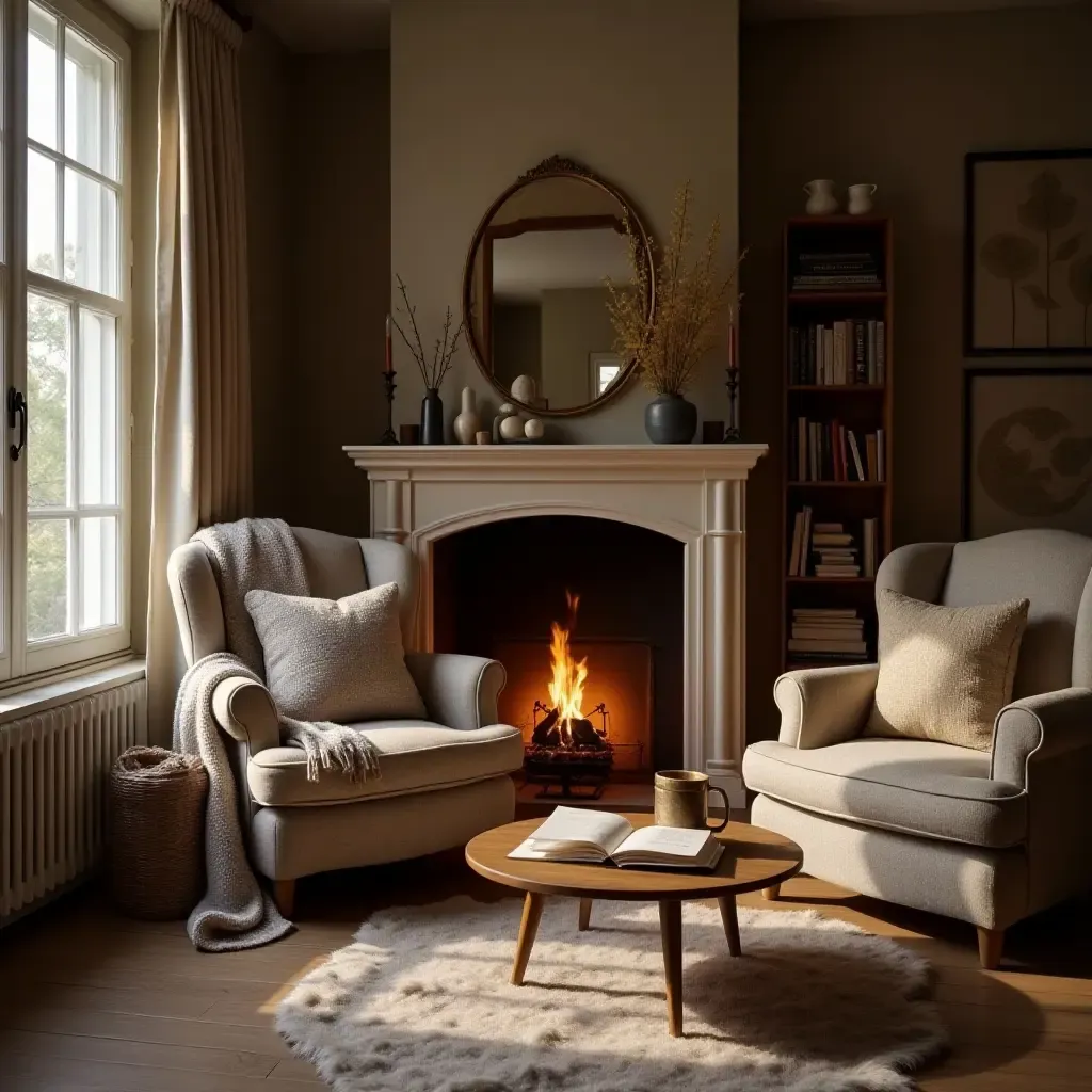 a photo of a reading nook with a fireplace, soft throws, and warm lighting