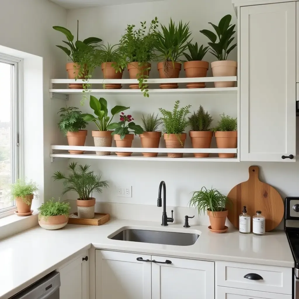 a photo of a charming kitchen with a plant-filled spice rack