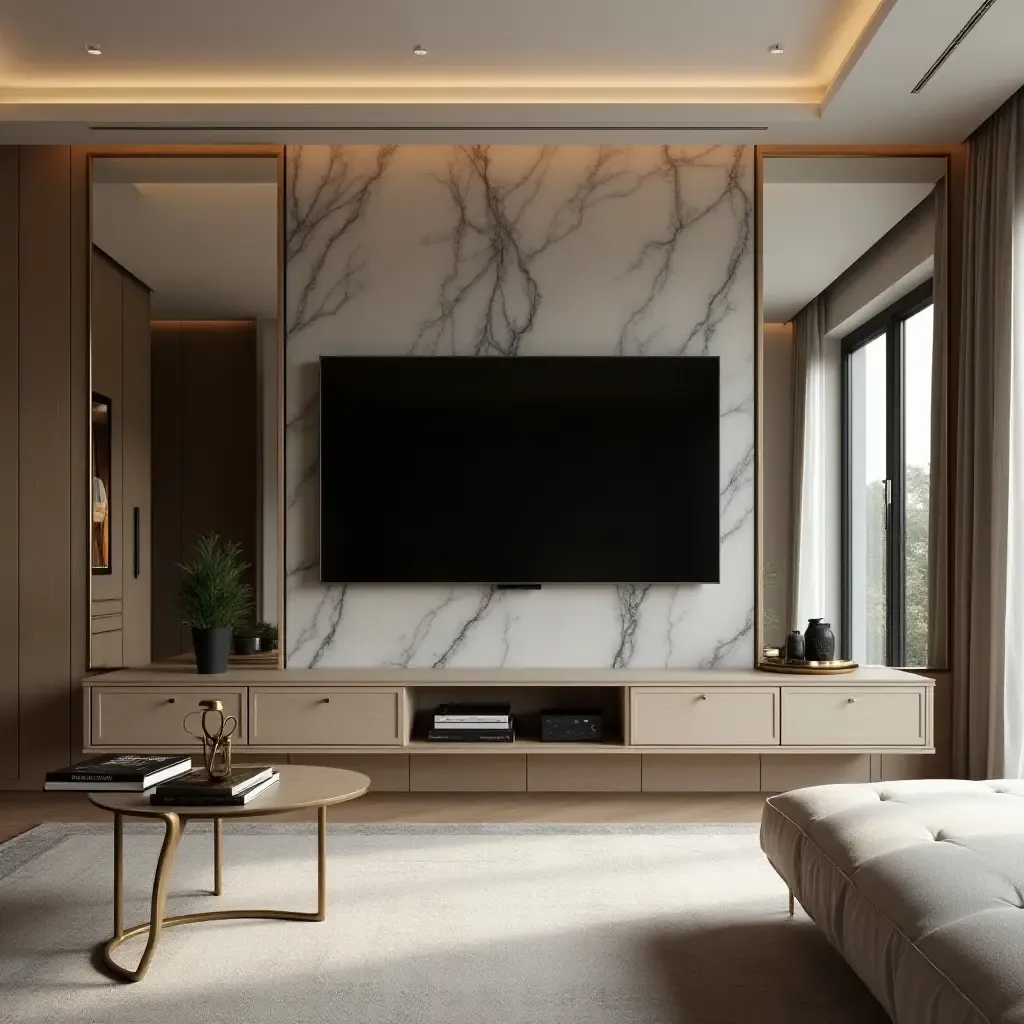 a photo of a stylish TV room with a mirrored wall