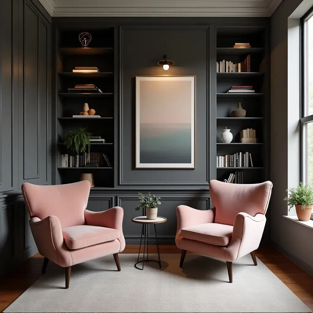 a photo of a chic charcoal and blush library with contemporary accents