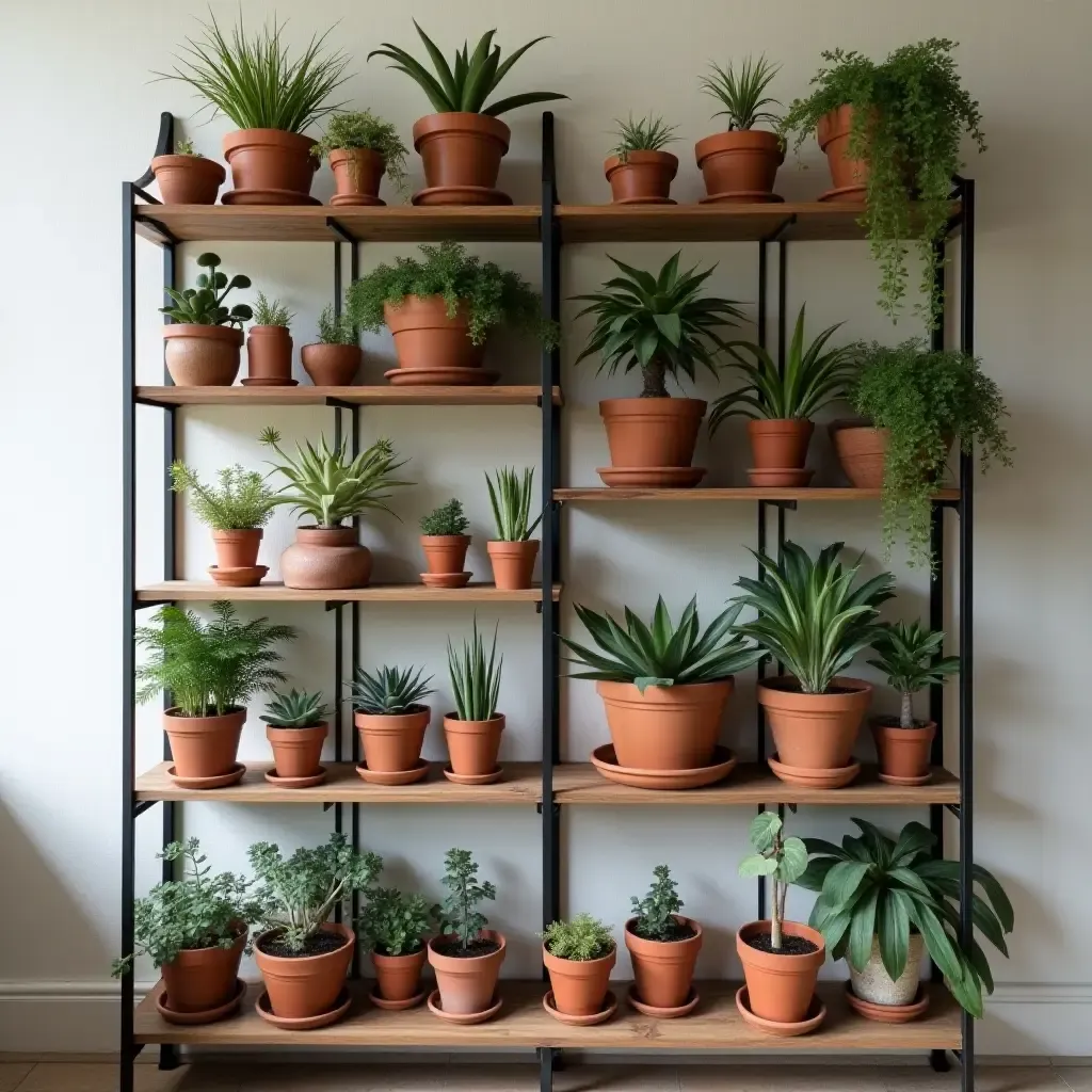 a photo of a rustic corridor shelf filled with potted succulents