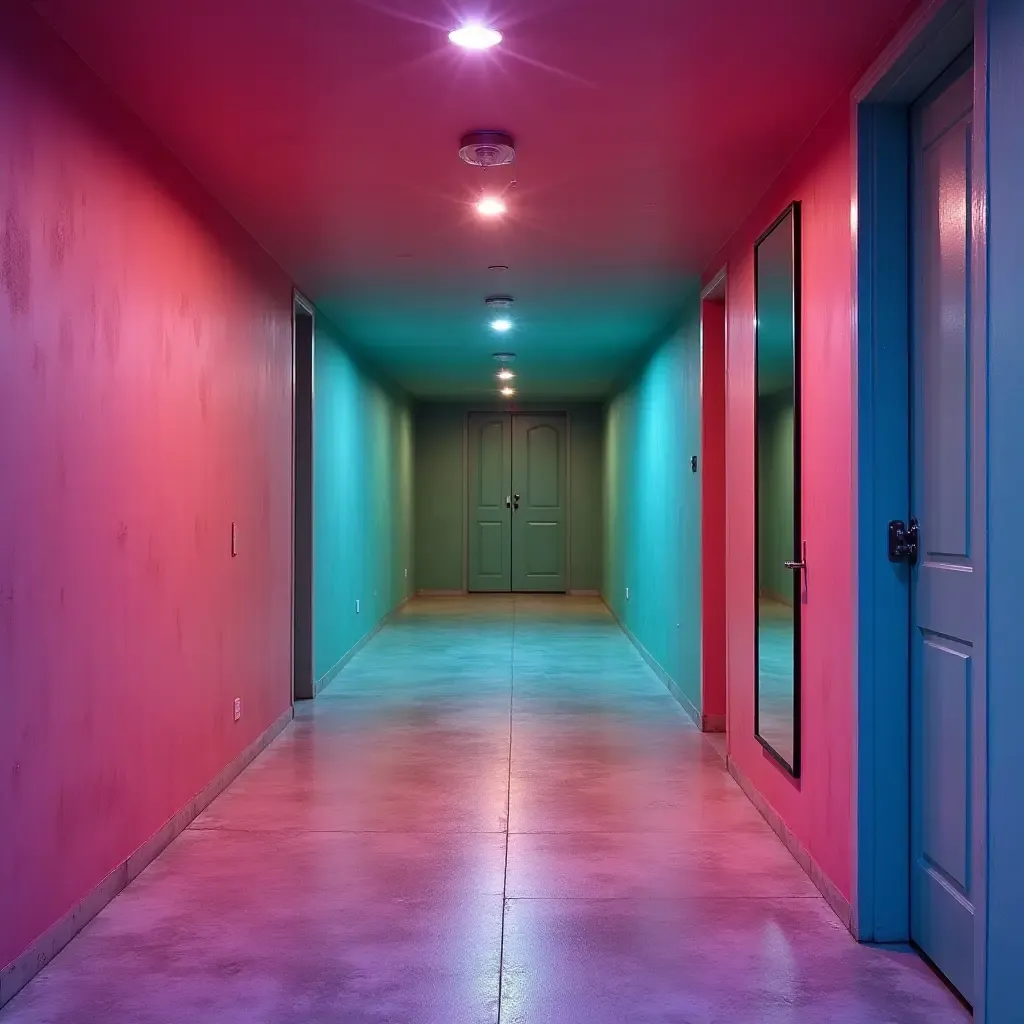 a photo of a basement with a vibrant feel in electric pink and teal