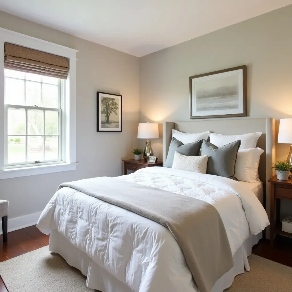 a photo of a basement guest room with charming farmhouse decor and bedding