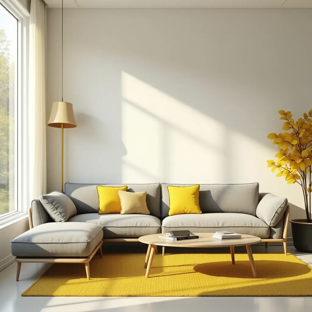 a photo of a bright living room with sunny yellow and cool gray