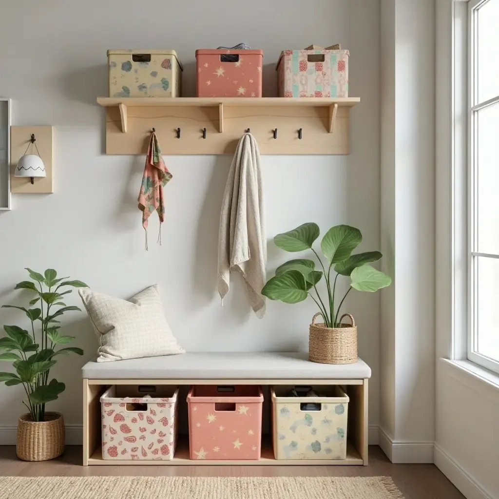 a photo of an organized entryway with colorful storage bins