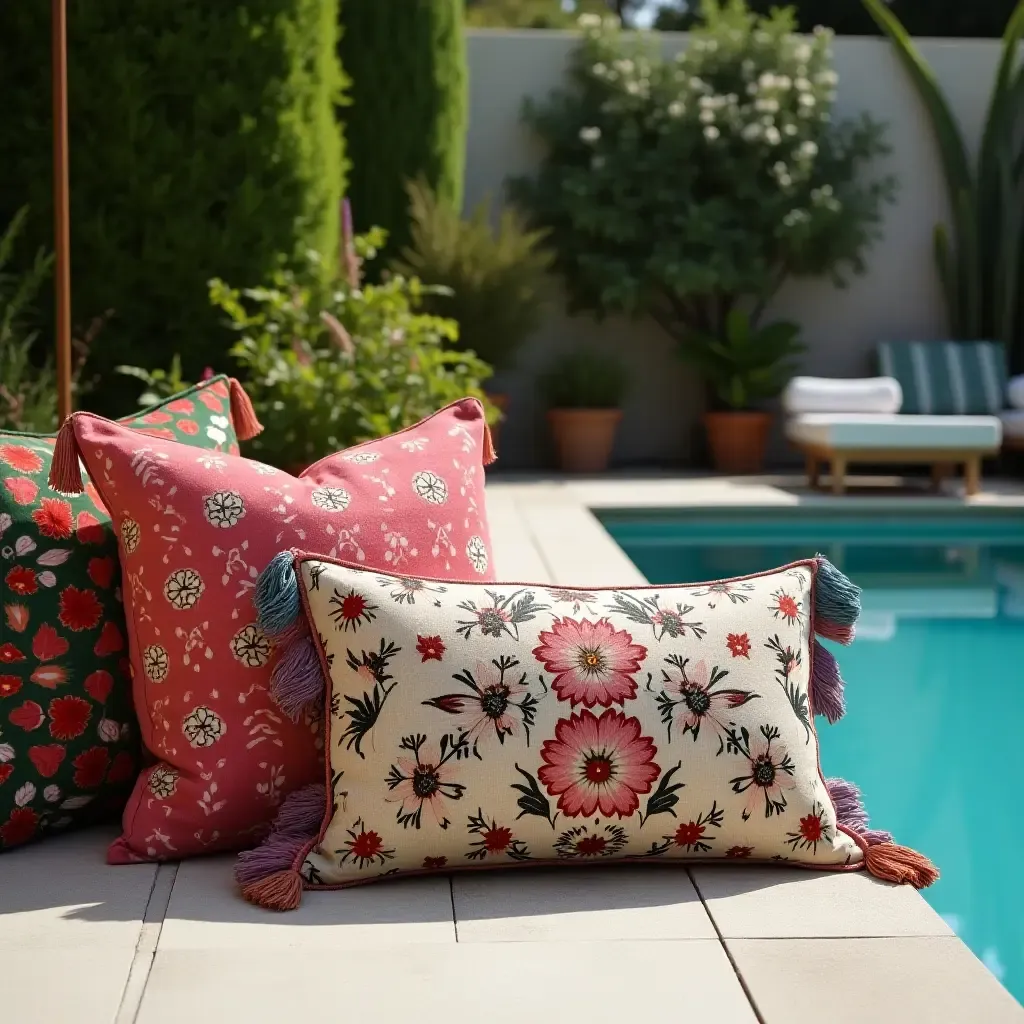 a photo of throw pillows in rich jewel tones next to a pool