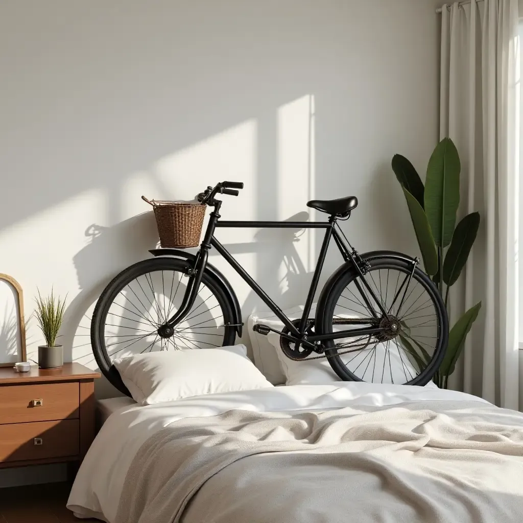 a photo of a vintage bicycle used as decor in a bedroom