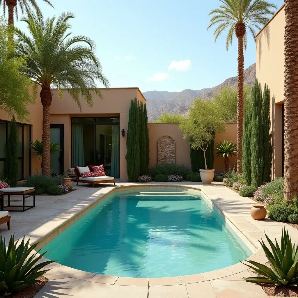 a photo of a pool area with a mix of tropical and desert plants