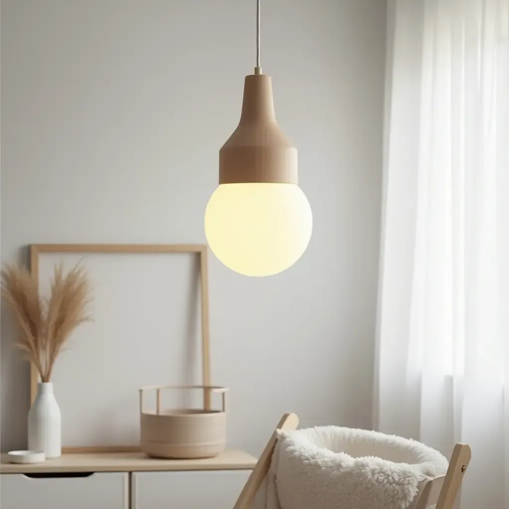 a photo of a simple pendant light in a Scandinavian-style nursery