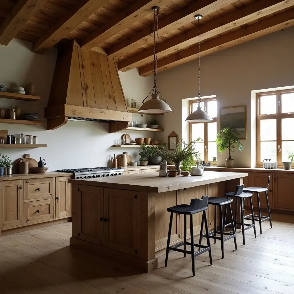 a photo of a rustic kitchen with a wooden island and bar stools