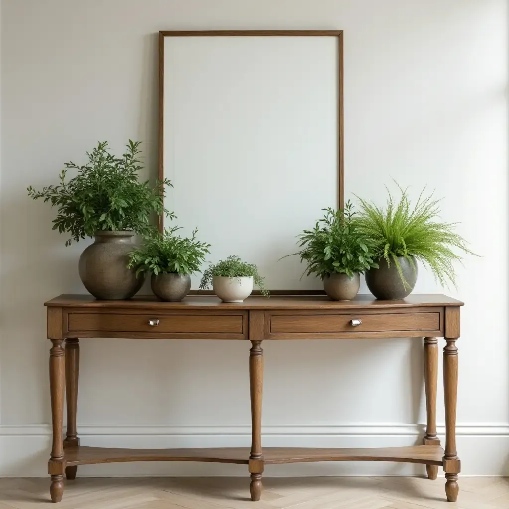 a photo of an elegant console table decorated with small potted herbs