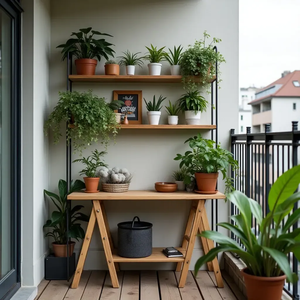 a photo of a balcony shelf with a small outdoor workspace and plants