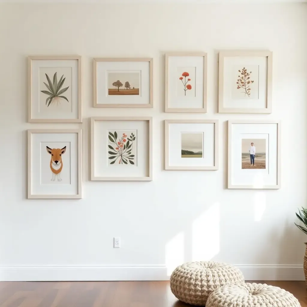 a photo of a gallery wall with seasonal art changes for versatility