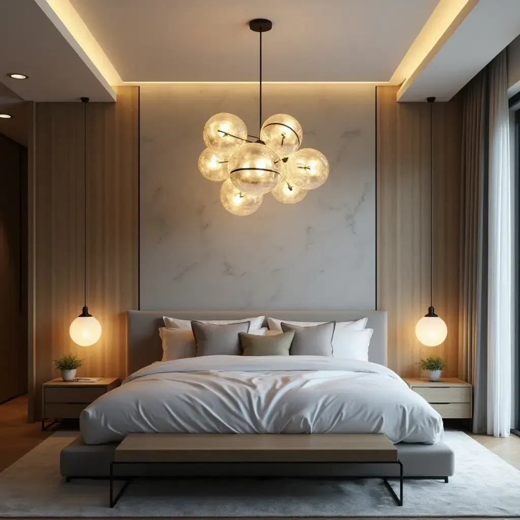 a photo of a stylish chandelier hanging over a modern bed