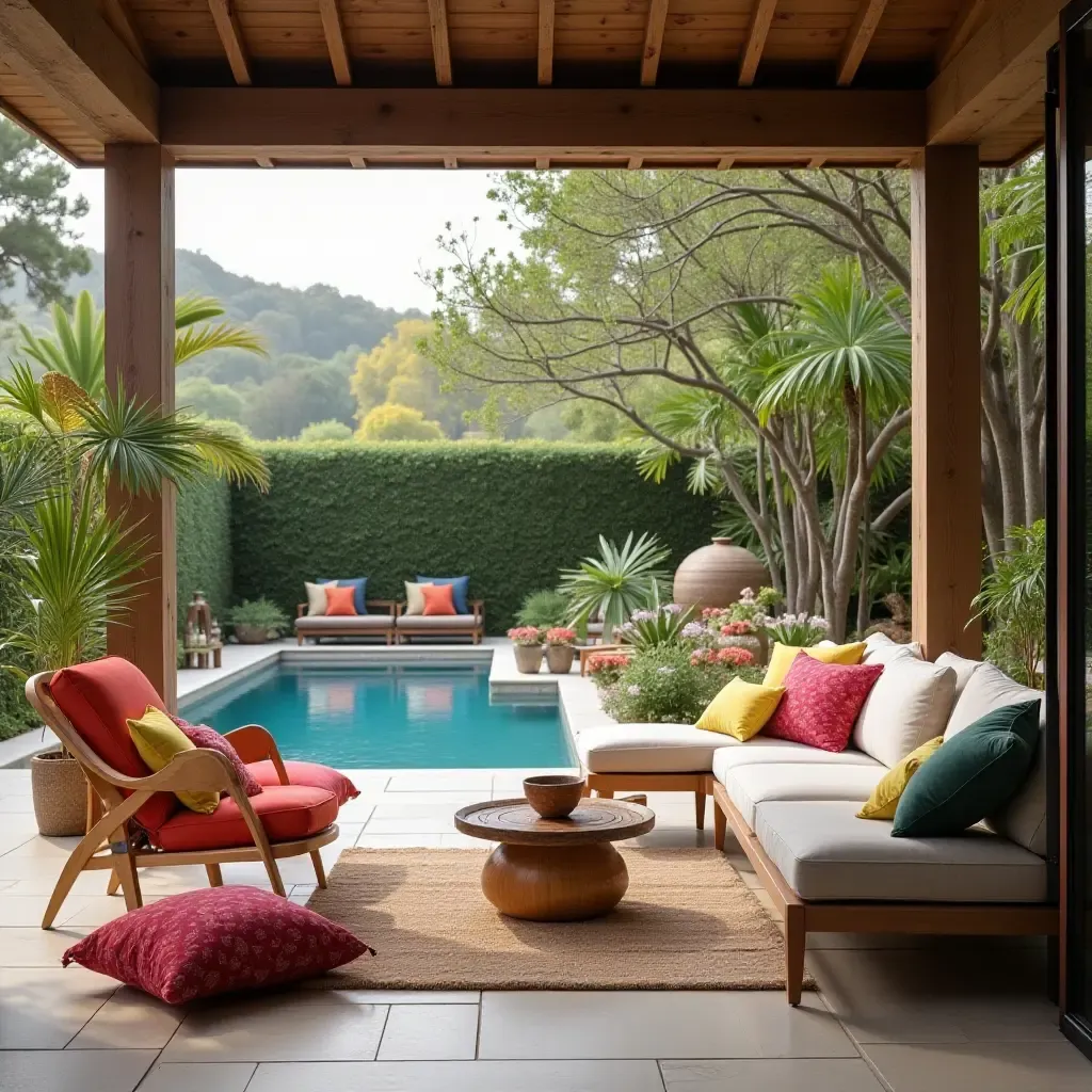 a photo of a cozy outdoor lounge area with colorful cushions and a pool view