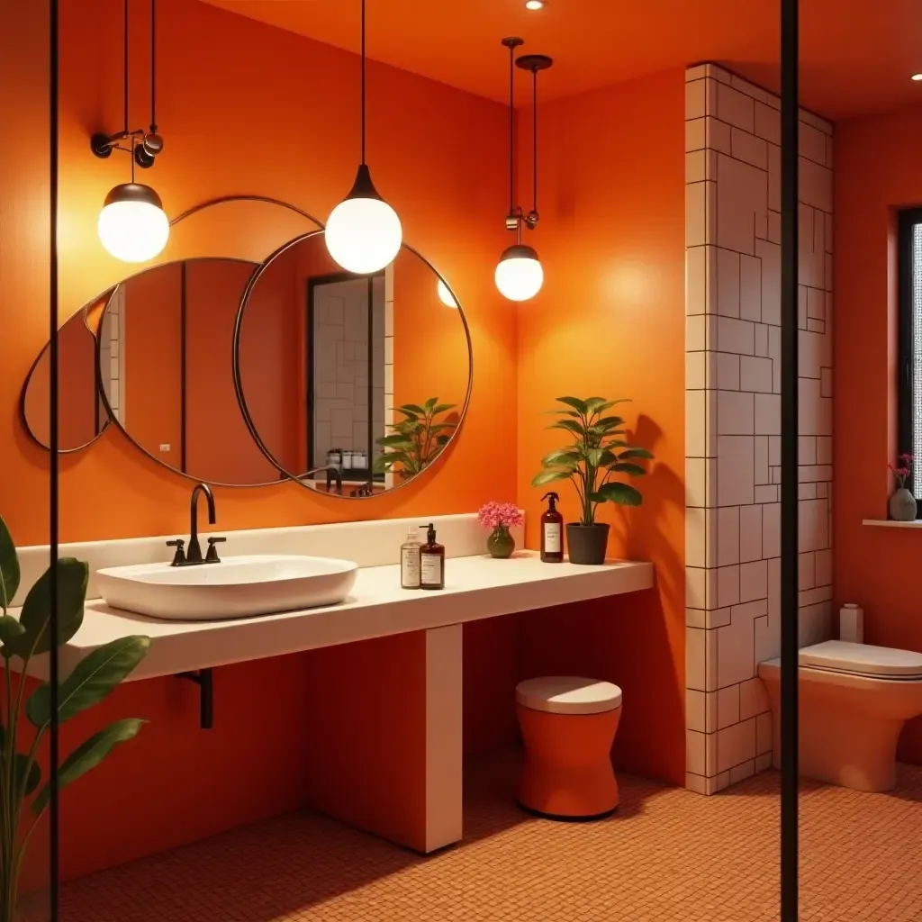 a photo of a retro bathroom with bold pendant lighting and vibrant colors