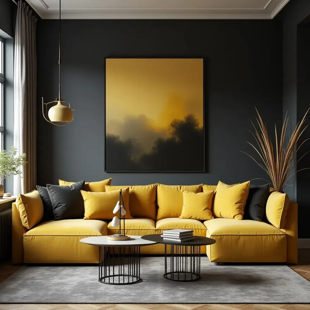 a photo of a chic living room with charcoal and bright yellow details