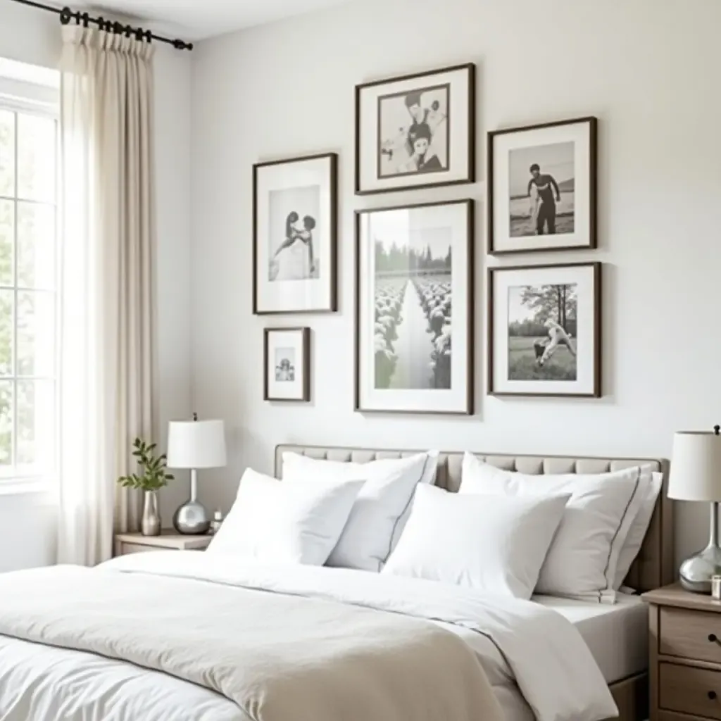 a photo of a DIY photo frame gallery wall in a bedroom