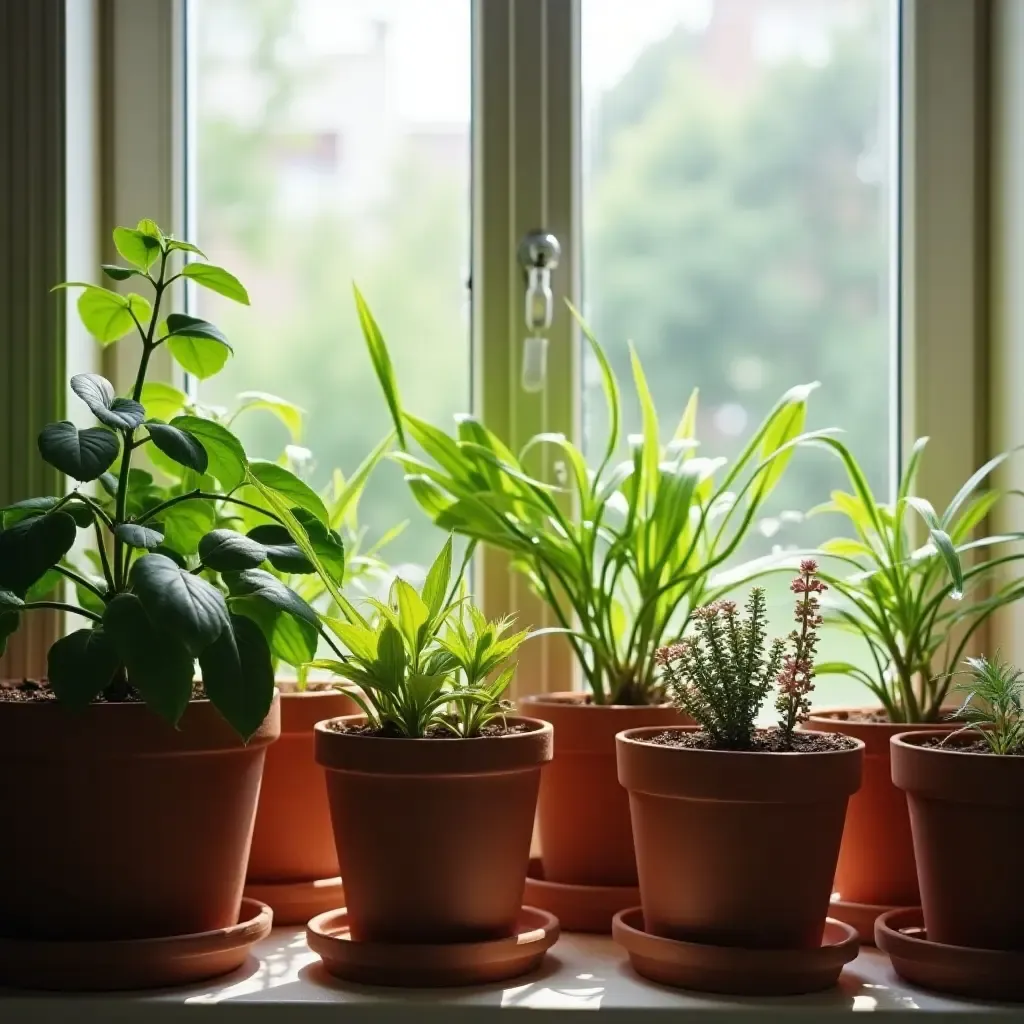 a photo of a collection of plants in terracotta pots on a windowsill