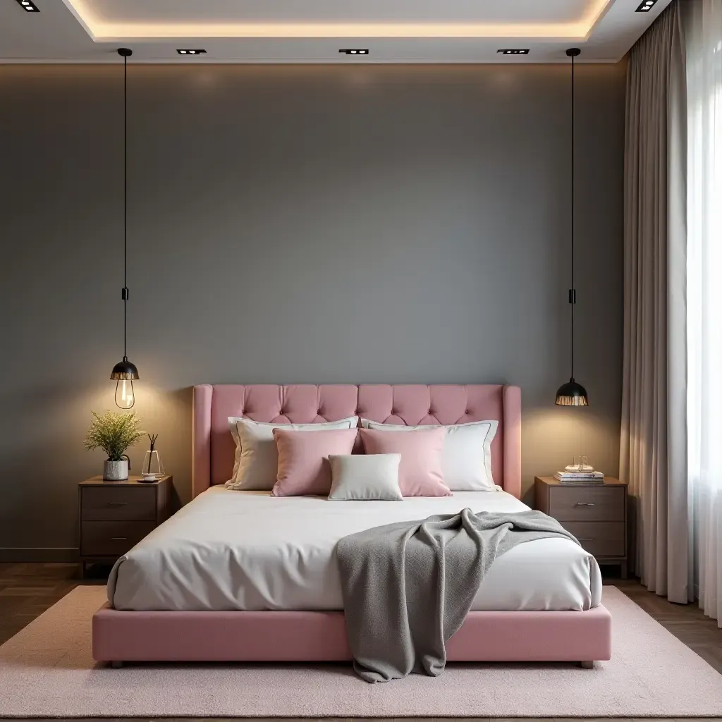 a photo of a stylish grey and pink bedroom with modern furniture