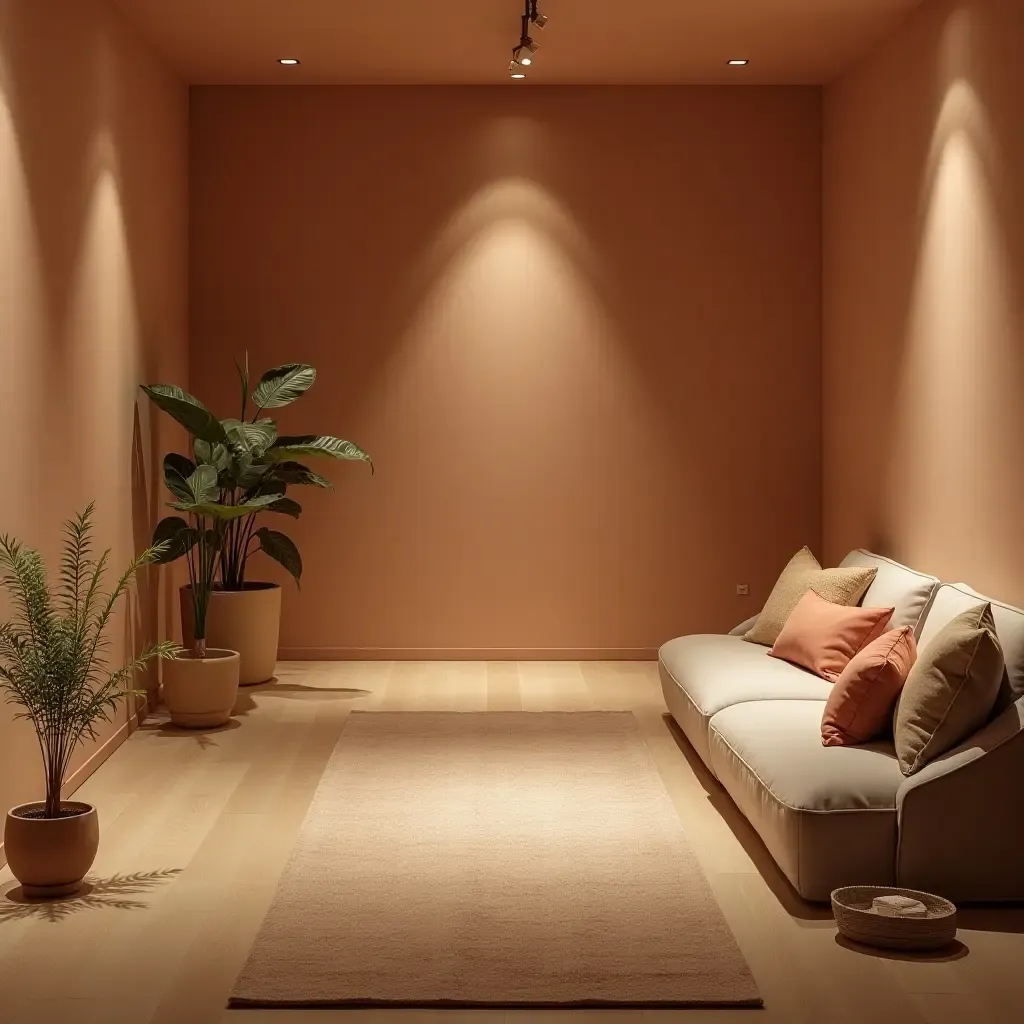 a photo of a basement meditation space with calming colors and soft lighting