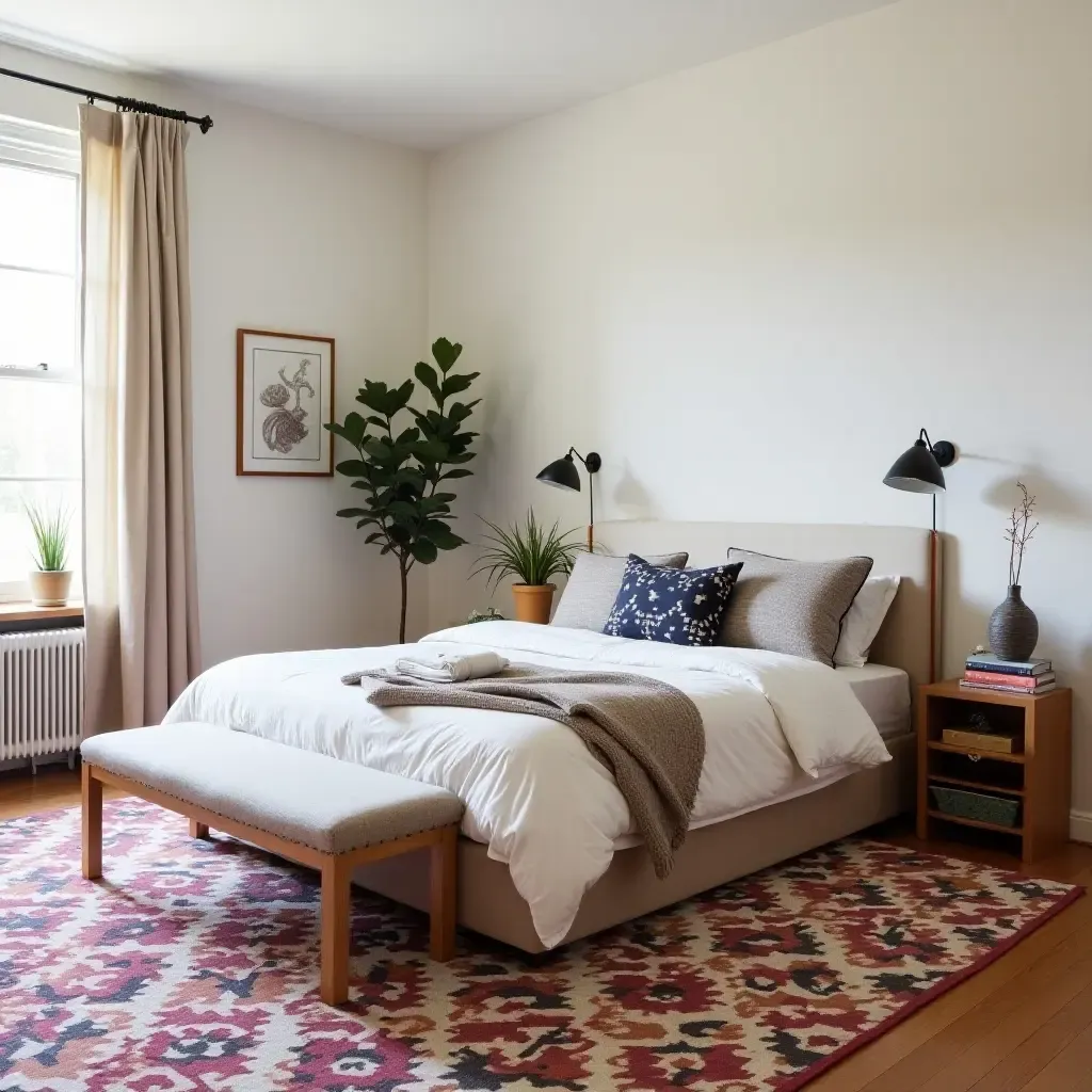 a photo of a patterned kilim rug in an eclectic bedroom