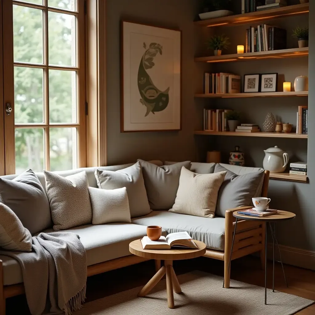 a photo of a reading nook with a small table for snacks and drinks