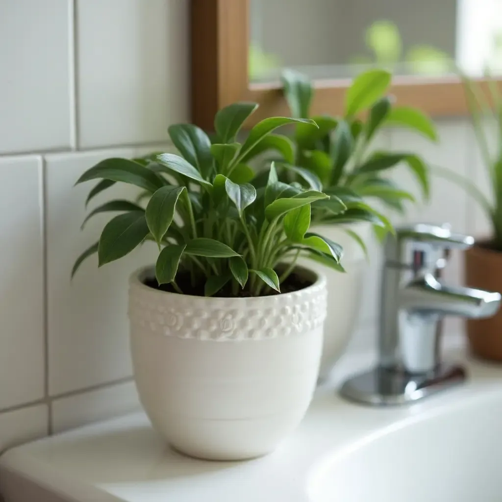 a photo of a charming ceramic plant pot on the sink