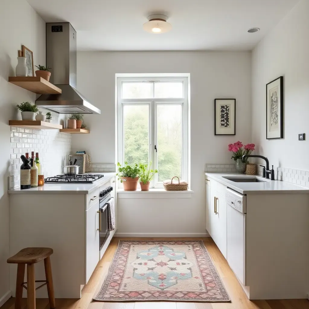 a photo of a small kitchen with a stylish rug and decorative accents