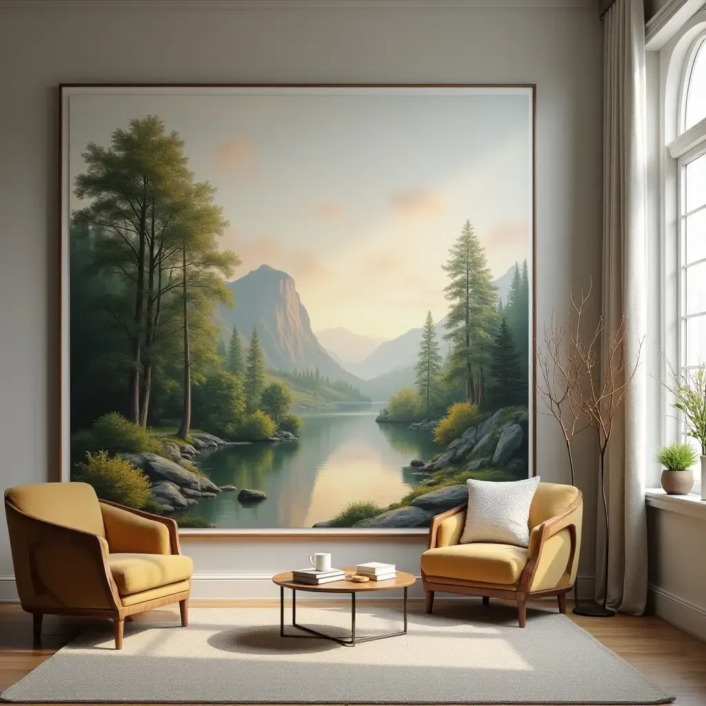 a photo of a serene landscape painting in a reading area